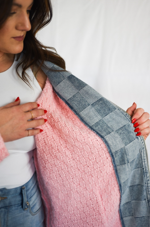 Checkered Zip Up Cardigan